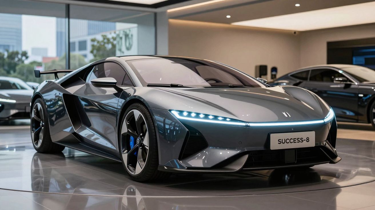 Carro desportivo cinzento com luzes LED e design aerodinâmico numa exposição interior moderna.