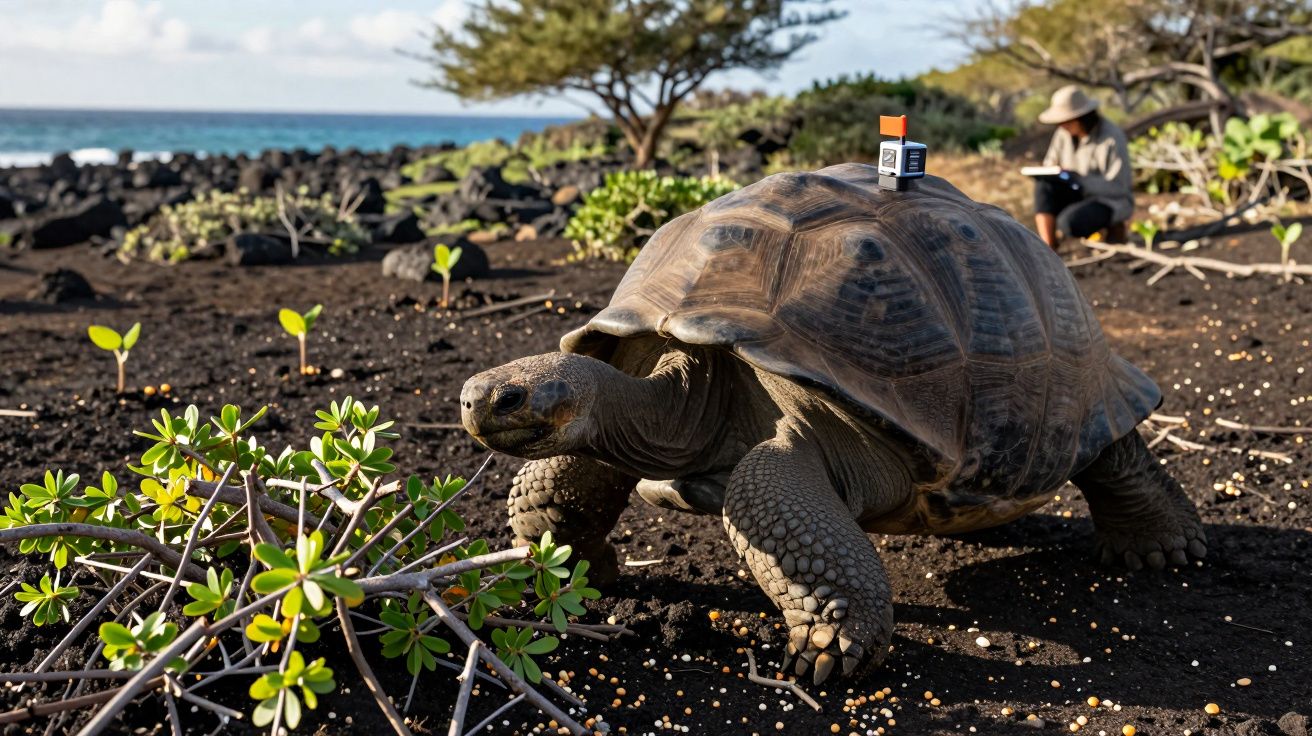 Tartaruga gigante na areia com sensor nas costas e pessoa a observar e anotar ao fundo perto do mar.