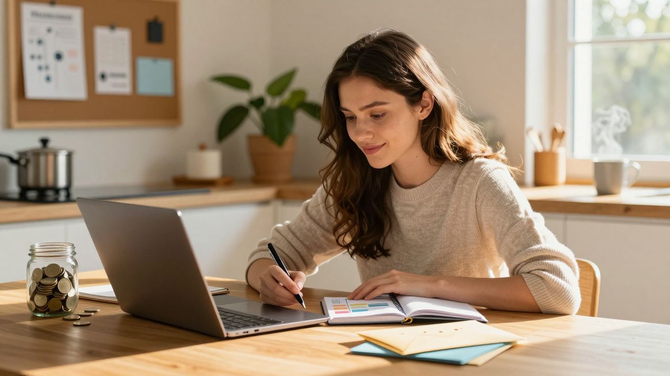 Jovem a trabalhar em casa, escrevendo num caderno com um computador portátil aberto à sua frente.