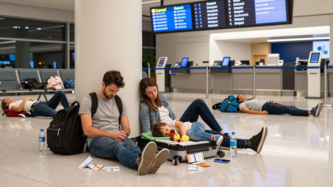 Família cansada sentada e deitada no chão do aeroporto com malas e bilhetes à espera de voo.
