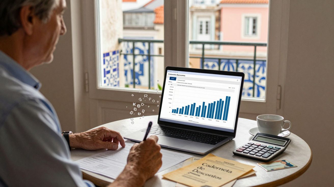 Homem sénior a analisar gráficos financeiros num portátil, com calculadora e documento de descontos numa mesa.