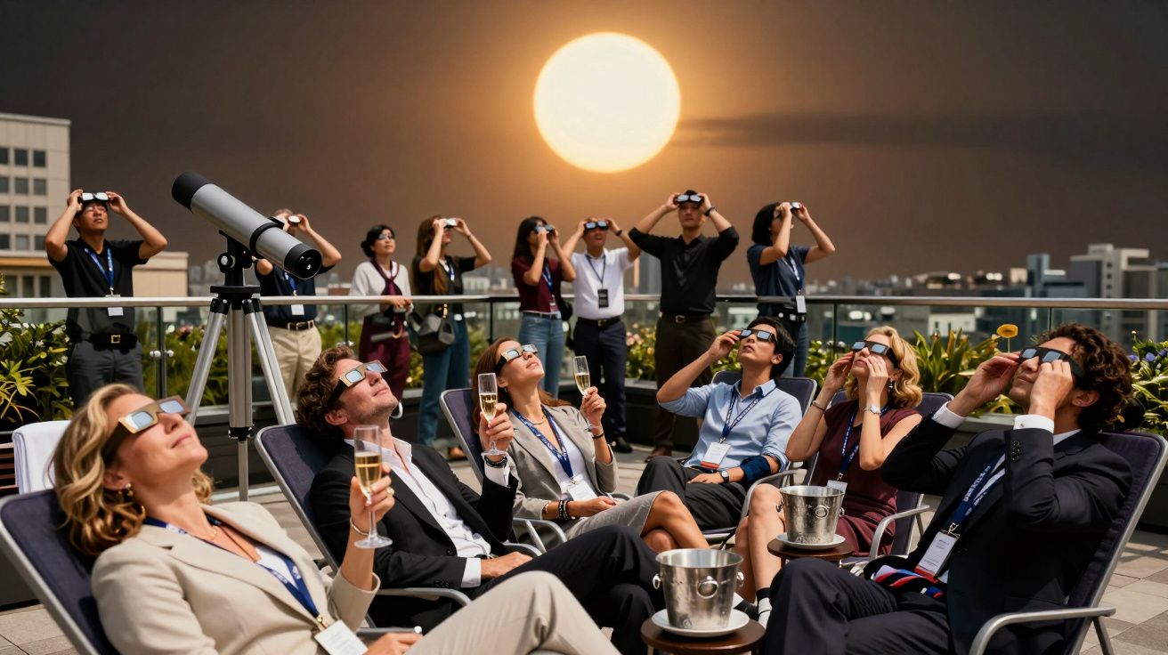 Grupo de pessoas numa cobertura a observar um eclipse solar com óculos especiais e champanhe ao pôr do sol.