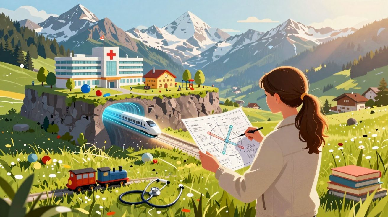 Mulher a estudar análise de exames num campo florido com comboio, hospital e montanhas ao fundo.