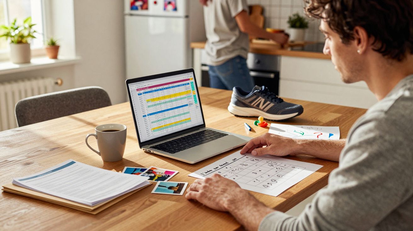 Homem sentado à mesa a analisar calendário e planilha no portátil, com documentos e ténis perto.