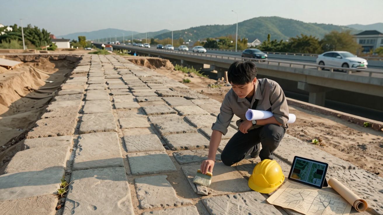 Engenheiro a limpar pedra antiga numa obra junto a autoestrada, com capacete e plantas no chão.