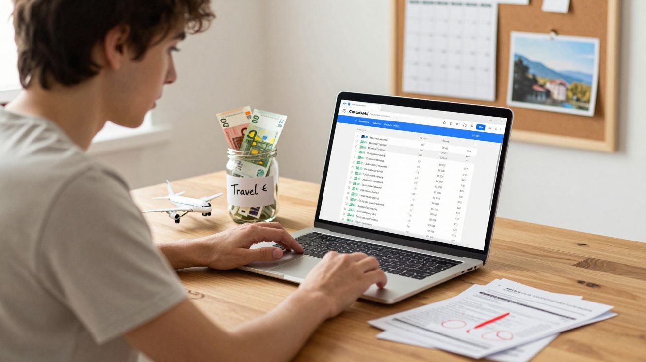 Pessoa a trabalhar num computador portátil com uma jarra de dinheiro com etiqueta "Travel €" numa mesa de madeira.