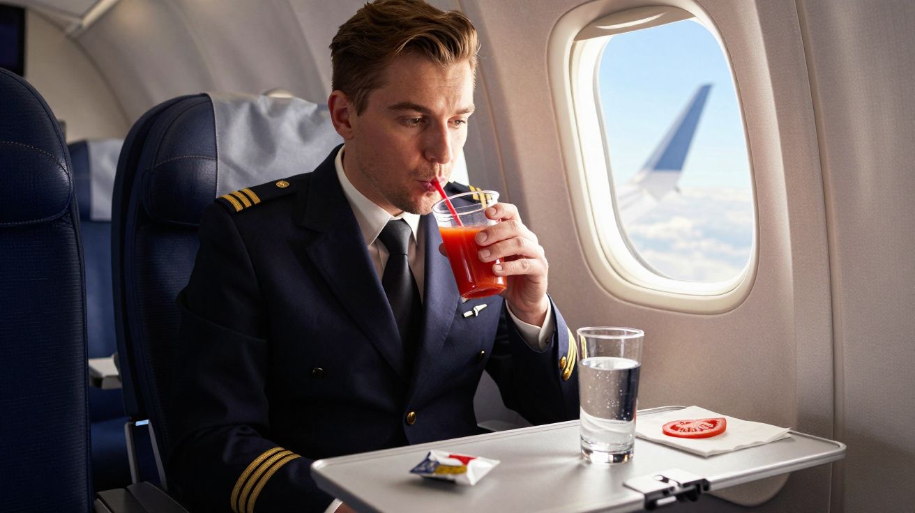 Piloto sentado no avião a beber sumo vermelho com canudo no assento junto à janela.