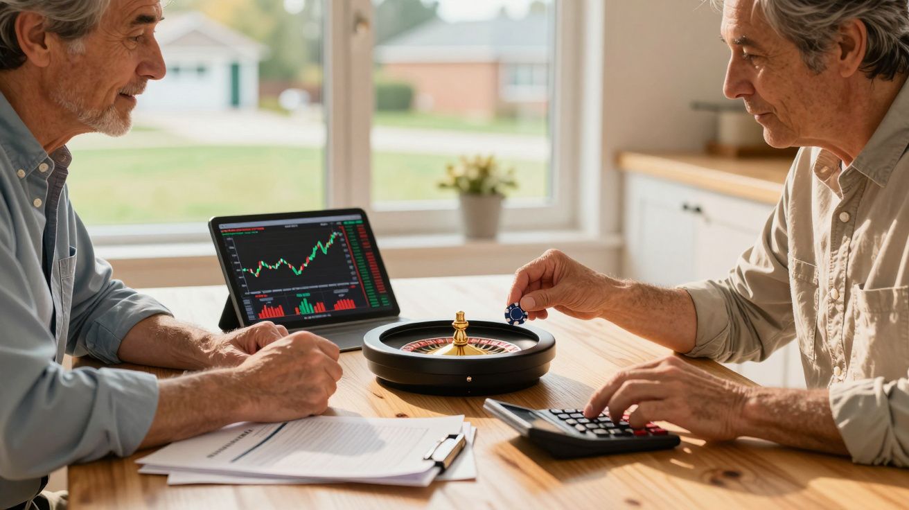 Dois homens com idade avançada jogam roleta e analisam gráficos financeiros numa mesa em casa.