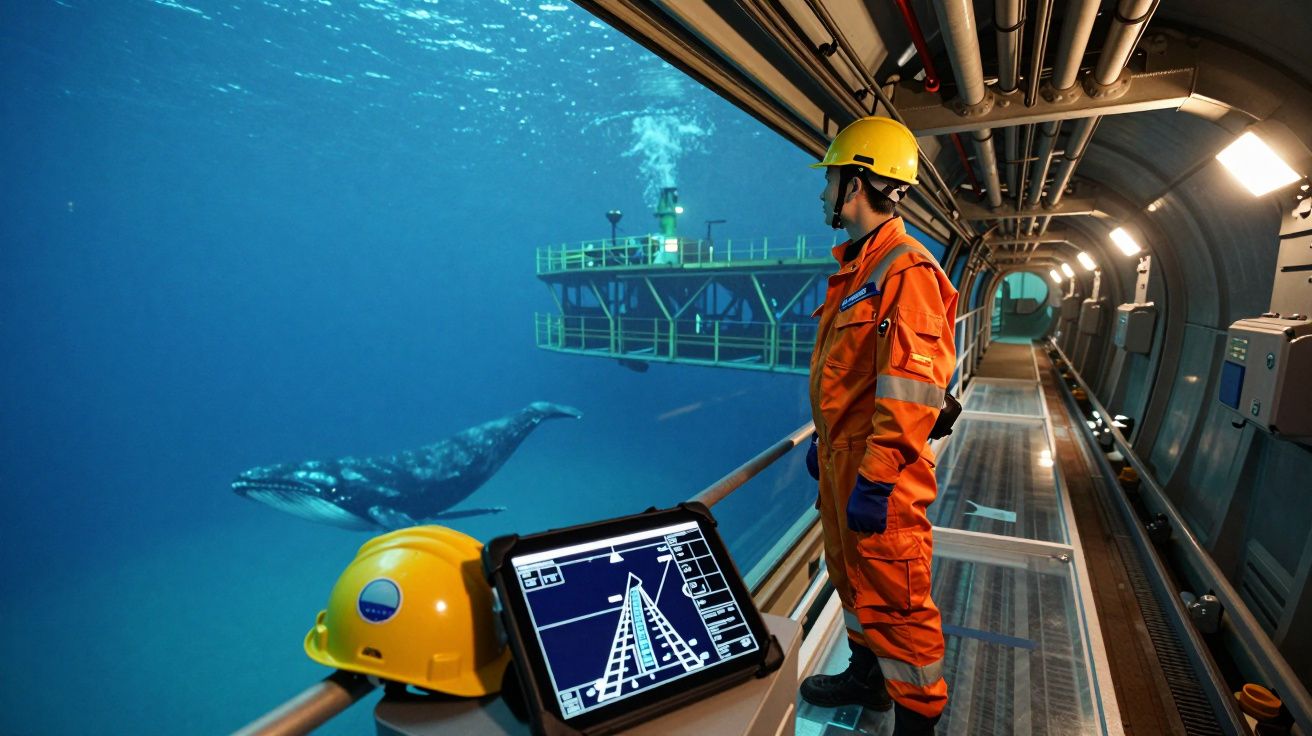 Homem com fato de trabalho e capacete observa baleia e plataforma subaquática através de janela submarina.