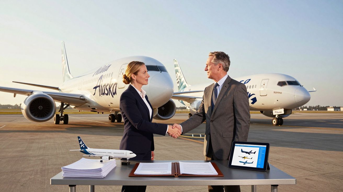 Duas pessoas a cumprimentar-se à frente de aviões na pista, com documentos e maquete na mesa à frente.