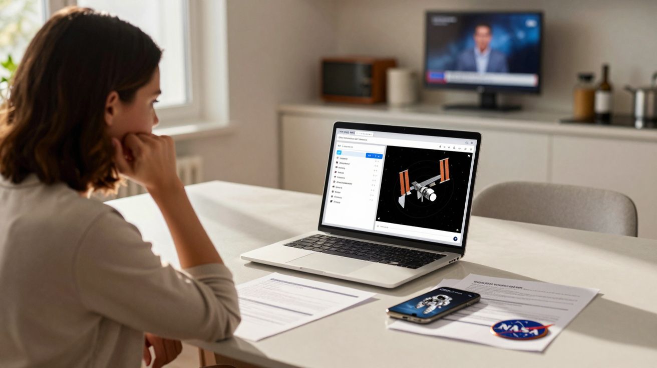 Pessoa a estudar imagem de uma estação espacial em laptop, com smartphone, documentos e televisão ao fundo.