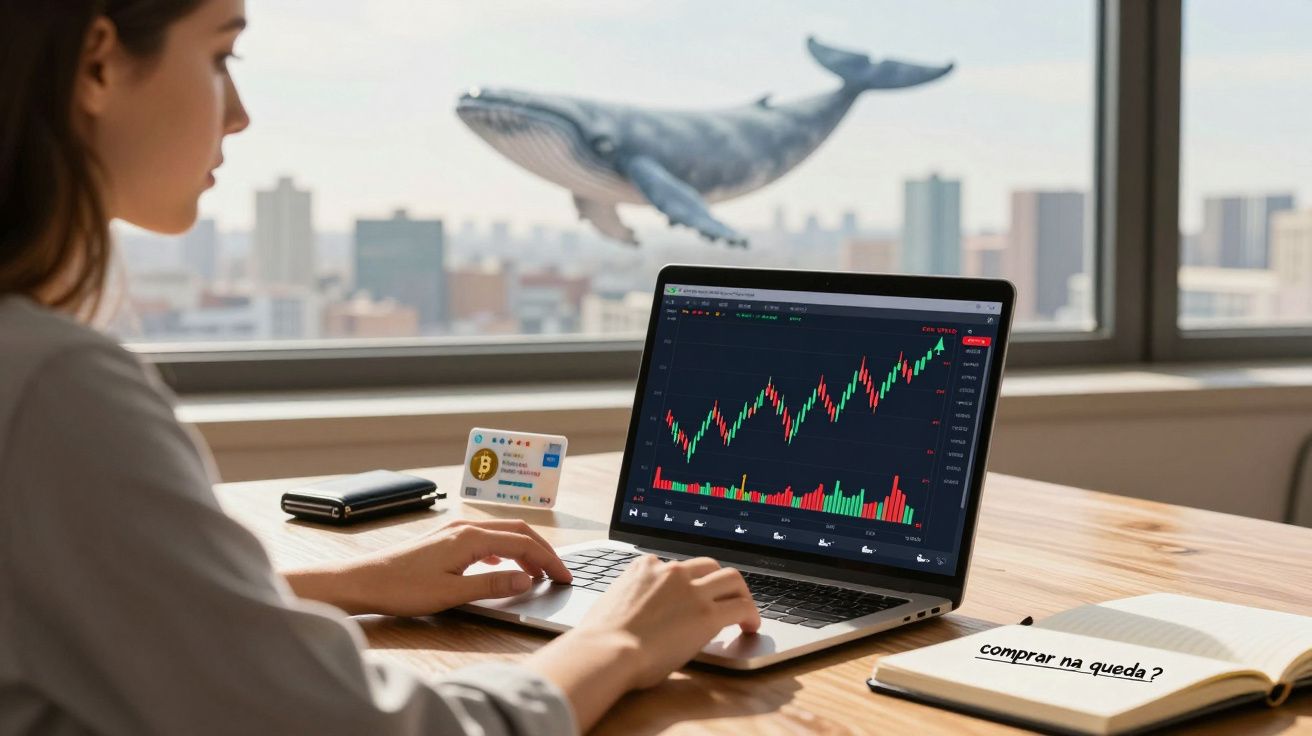 Pessoa a analisar gráficos financeiros no portátil com cartão bitcoin sobre mesa e nota "comprar na queda?"