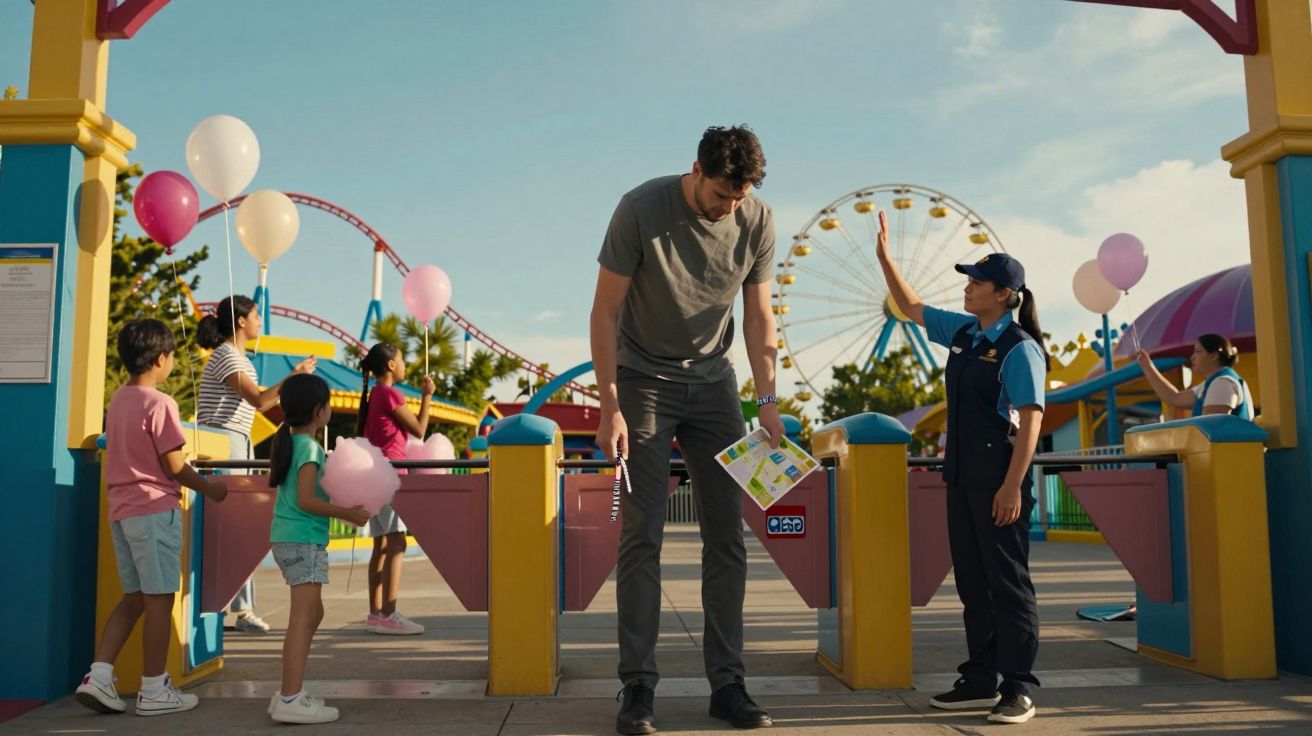 Homem a consultar mapa na entrada de parque de diversões com pessoas e crianças ao redor.