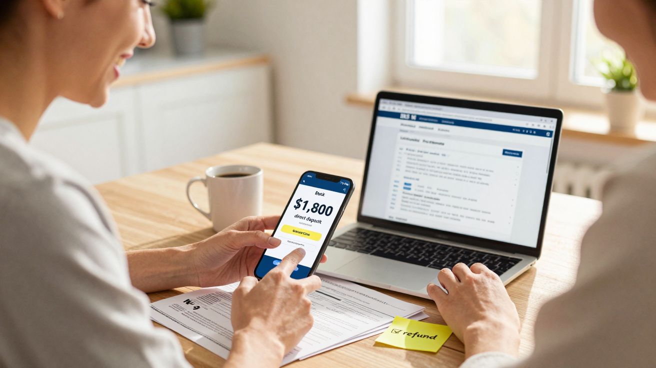 Duas pessoas a analisar documentos financeiros, uma segura um telemóvel com saldo de $1,800 e outra usa um portátil.