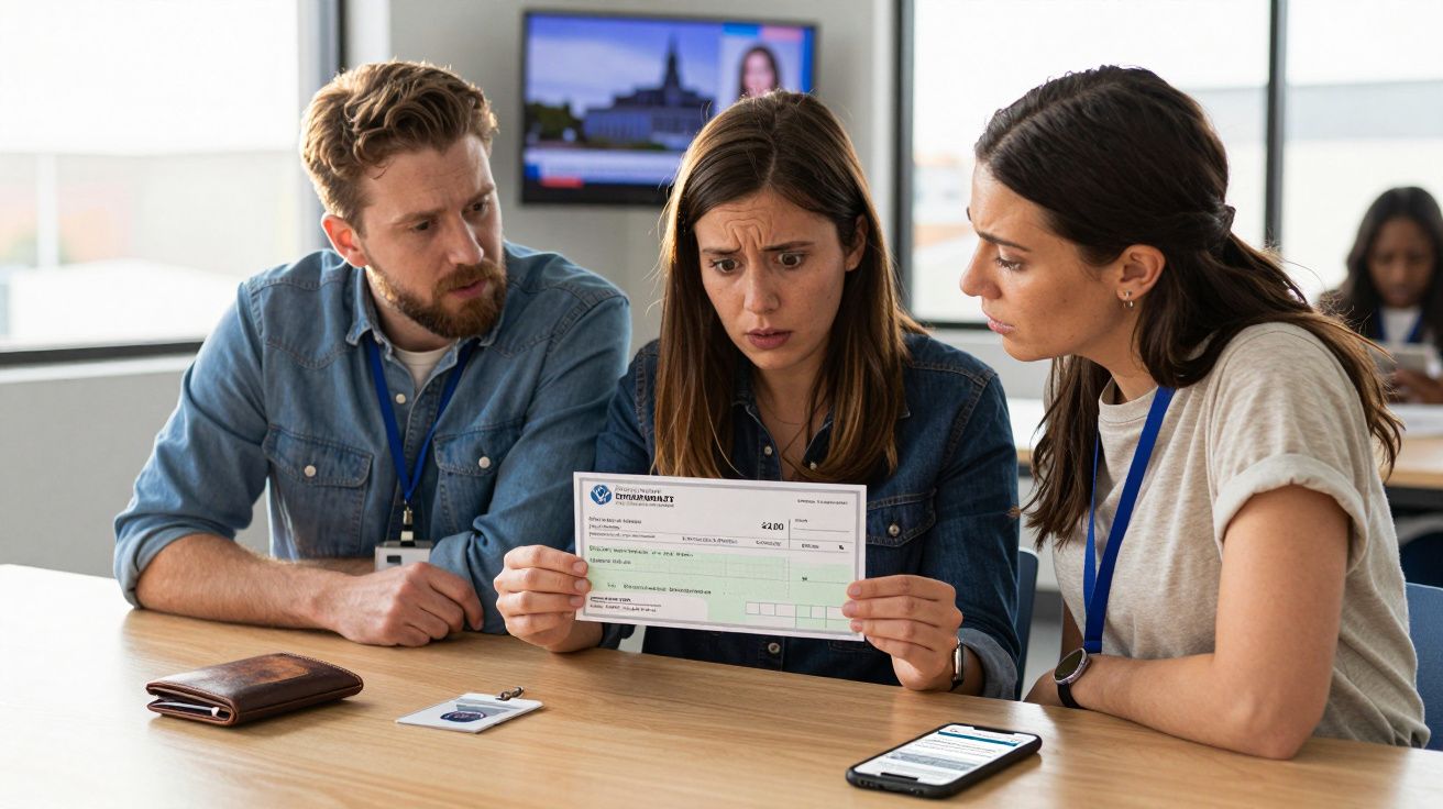Três adultos sentados à mesa, analisando com preocupação um cheque nas mãos da mulher ao centro.