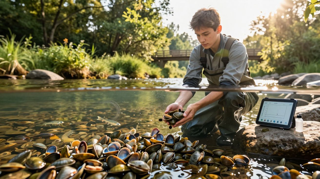 Jovem a recolher mexilhões num rio, usando fatos impermeáveis, com tablet ao lado em ambiente florestal.