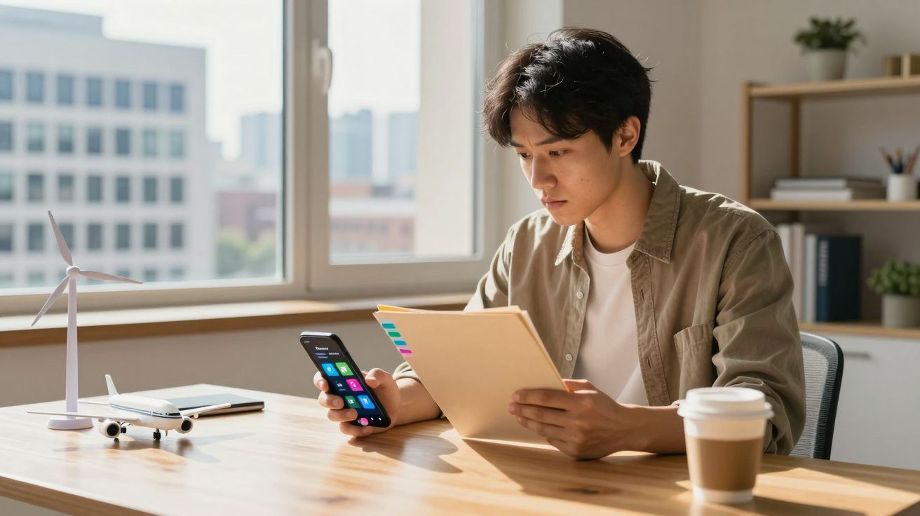 Jovem a analisar documentos e smartphone numa mesa com modelos de avião e turbina e café num ambiente iluminado.