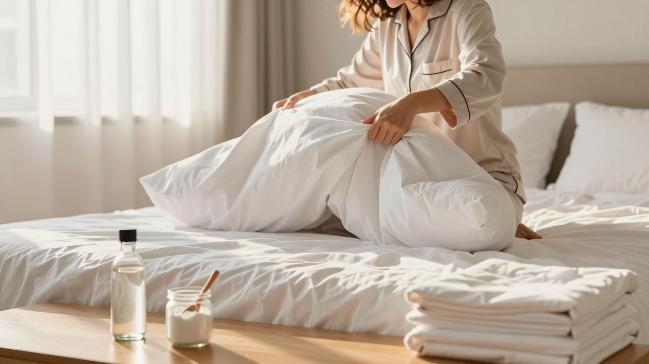 Mulher em pijama a arrumar almofada da cama branca num quarto iluminado e arrumado.