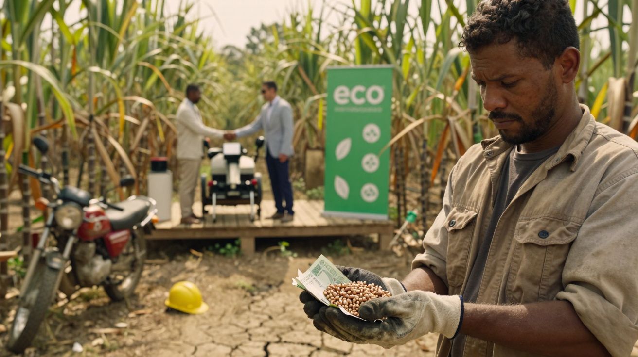 Homem com luvas segura dinheiro e sementes numa plantação, enquanto ao fundo dois homens apertam as mãos.