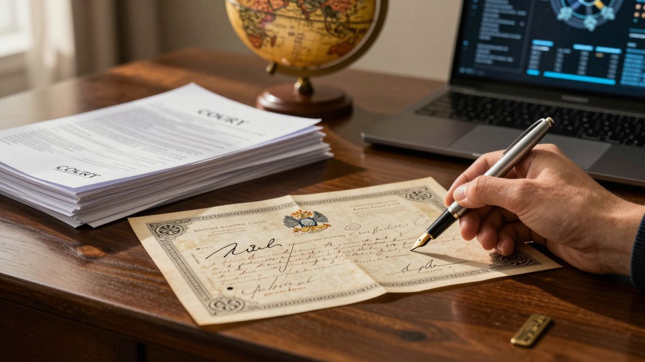 Mão a assinar um documento antigo numa mesa de madeira, com globo, computador e papelada ao fundo.