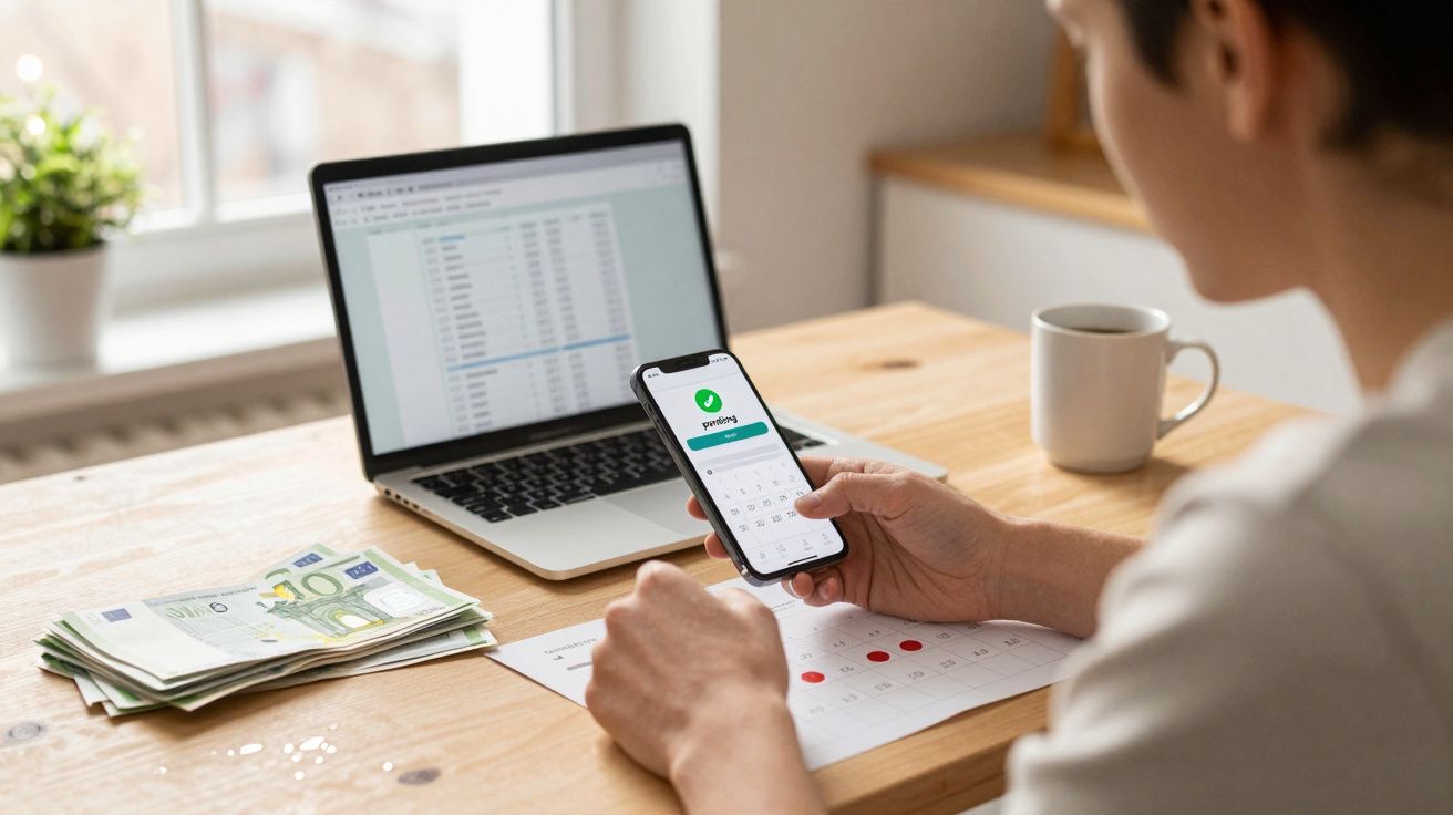 Pessoa a usar smartphone para ler mensagem do PayPal, com computador, notas e calendário numa mesa.