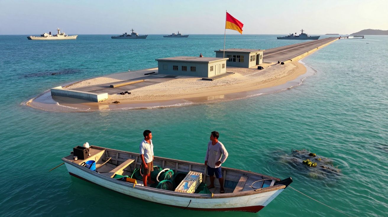 Dois homens de pé numa pequena embarcação de pesca junto a ilhota com edifícios e bandeira vermelha e amarela, navios militar