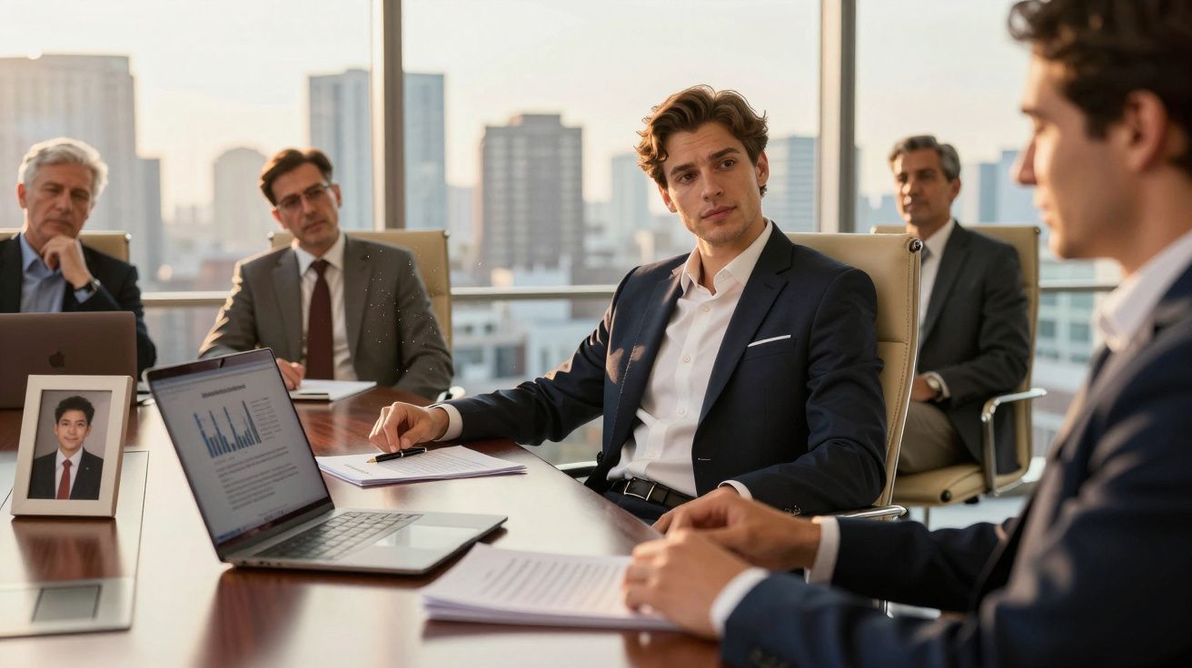 Quatro homens de negócios numa reunião numa sala com vista para a cidade, com laptop e documentos na mesa.