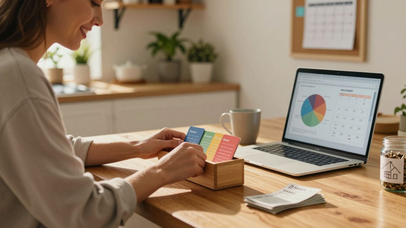 Mulher a organizar cartões coloridos ao lado de computador com gráficos e calendário numa mesa de madeira.