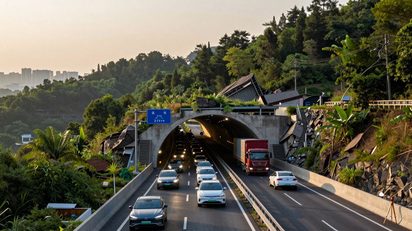 Estrada movimentada com carros e um camião a passar por um túnel rodeado por vegetação e colinas verdes.