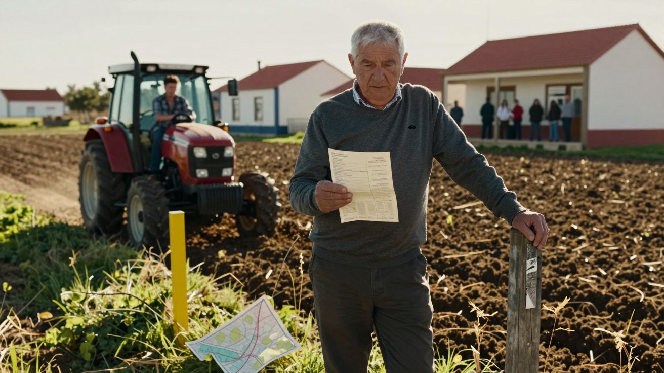 Homem idoso com documento na mão em campo agrícola, com trator e casas ao fundo.