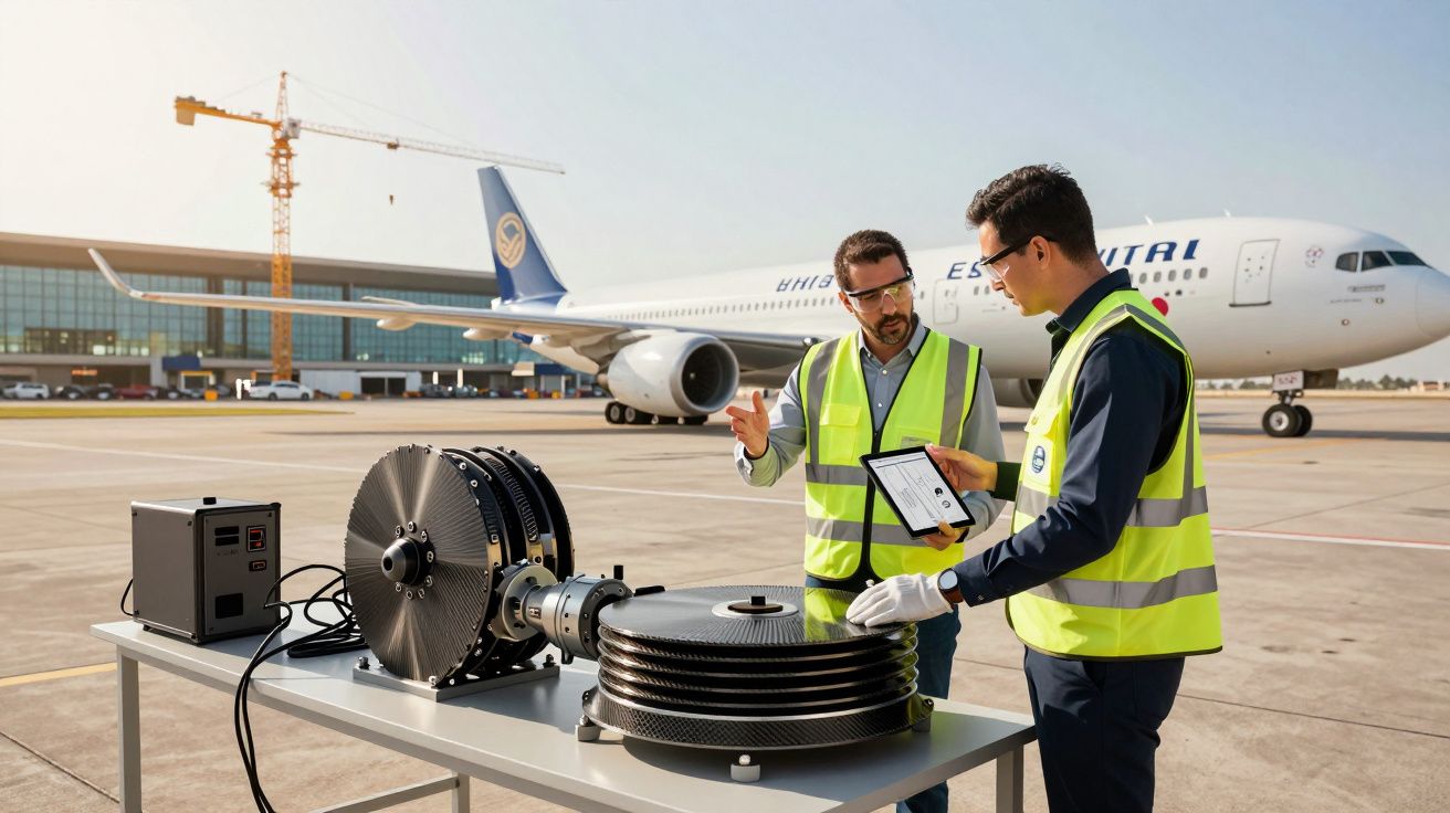Dois técnicos de segurança a inspecionar equipamento técnico no aeroporto com avião ao fundo.
