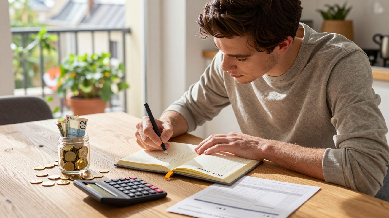Homem sentado a escrever em caderno, com calculadora, notas, moedas e documentos numa mesa iluminada.