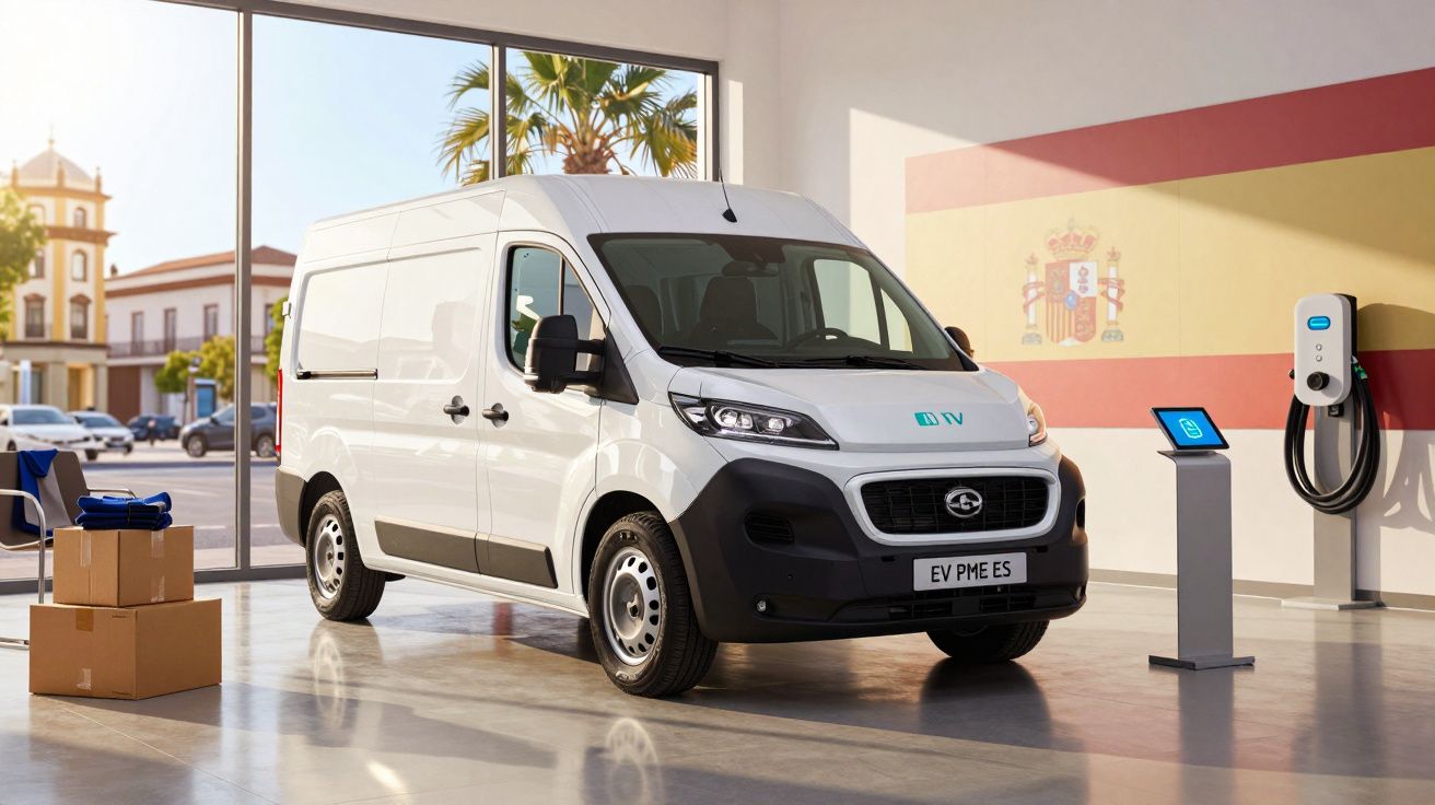 Carrinha elétrica branca estacionada numa loja com bandeira de Espanha e carregador elétrico na parede.