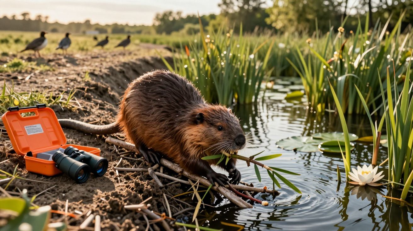 Castor a roer galho junto a uma lagoa com plantas aquáticas e binóculos numa caixa laranja no chão.