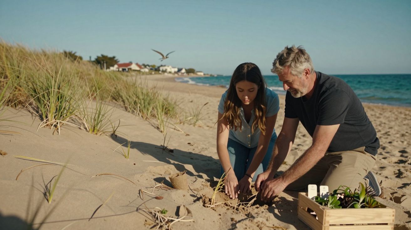 Homem e mulher a plantar uma árvore na areia da praia junto ao mar ao pôr do sol.