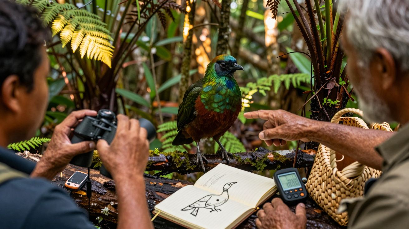 Dois homens observam e fotografam um pássaro colorido numa floresta com caderno de desenho aberto.