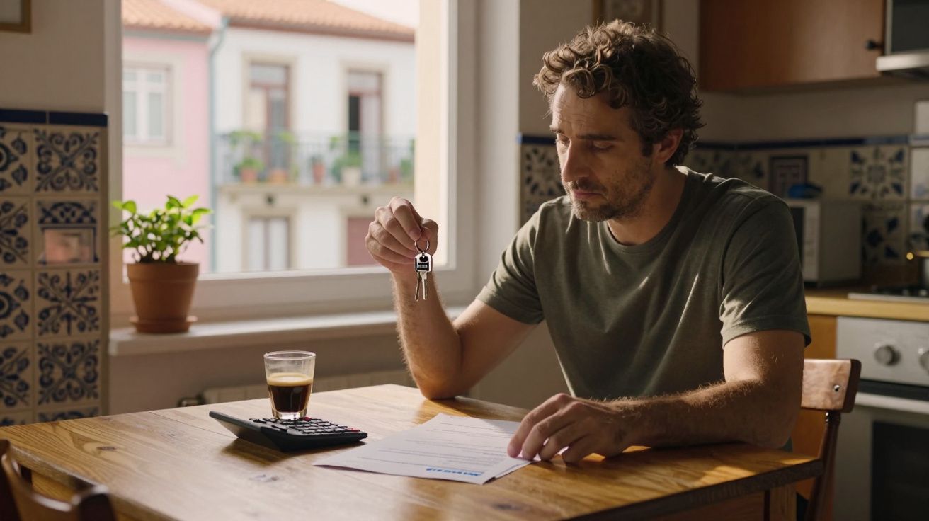 Homem sentado à mesa com expressão pensativa, segurando chaves em frente a documento e calculadora.
