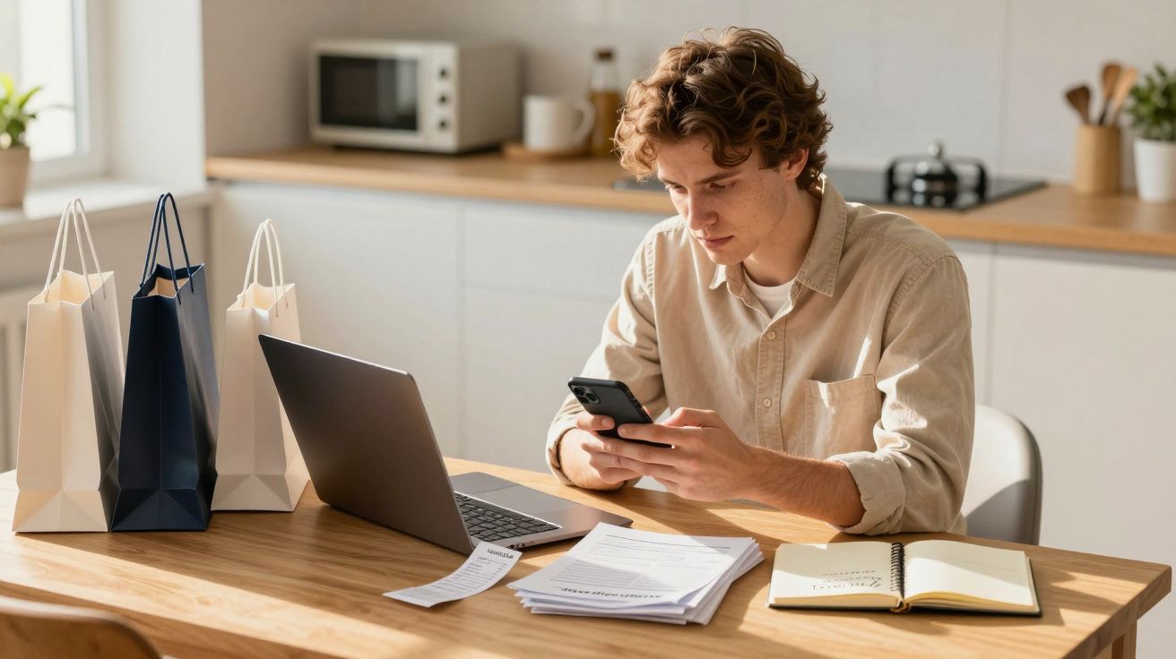 Jovem sentado à mesa com computador, smartphone, cadernos e sacos de compras na cozinha.
