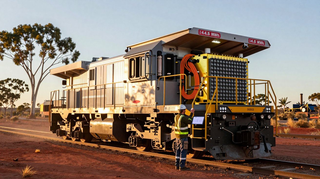 Locomotiva à diesel com painel de baterias e trabalhador com colete e capacete em via férrea durante o pôr do sol.