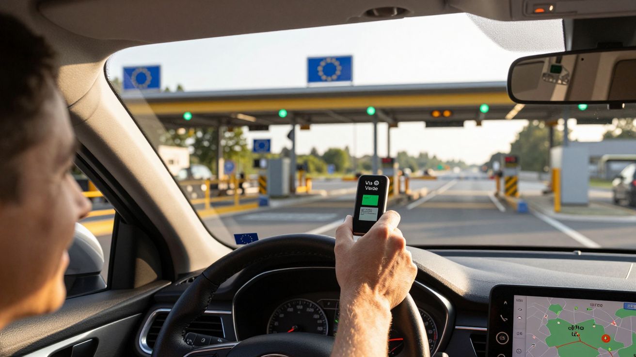 Condutor num carro usa telemóvel para pagamento eletrónico numa portagem na autoestrada.