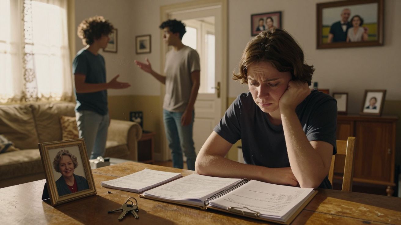 Jovem preocupado a estudar numa mesa com duas pessoas a discutir ao fundo numa sala iluminada.