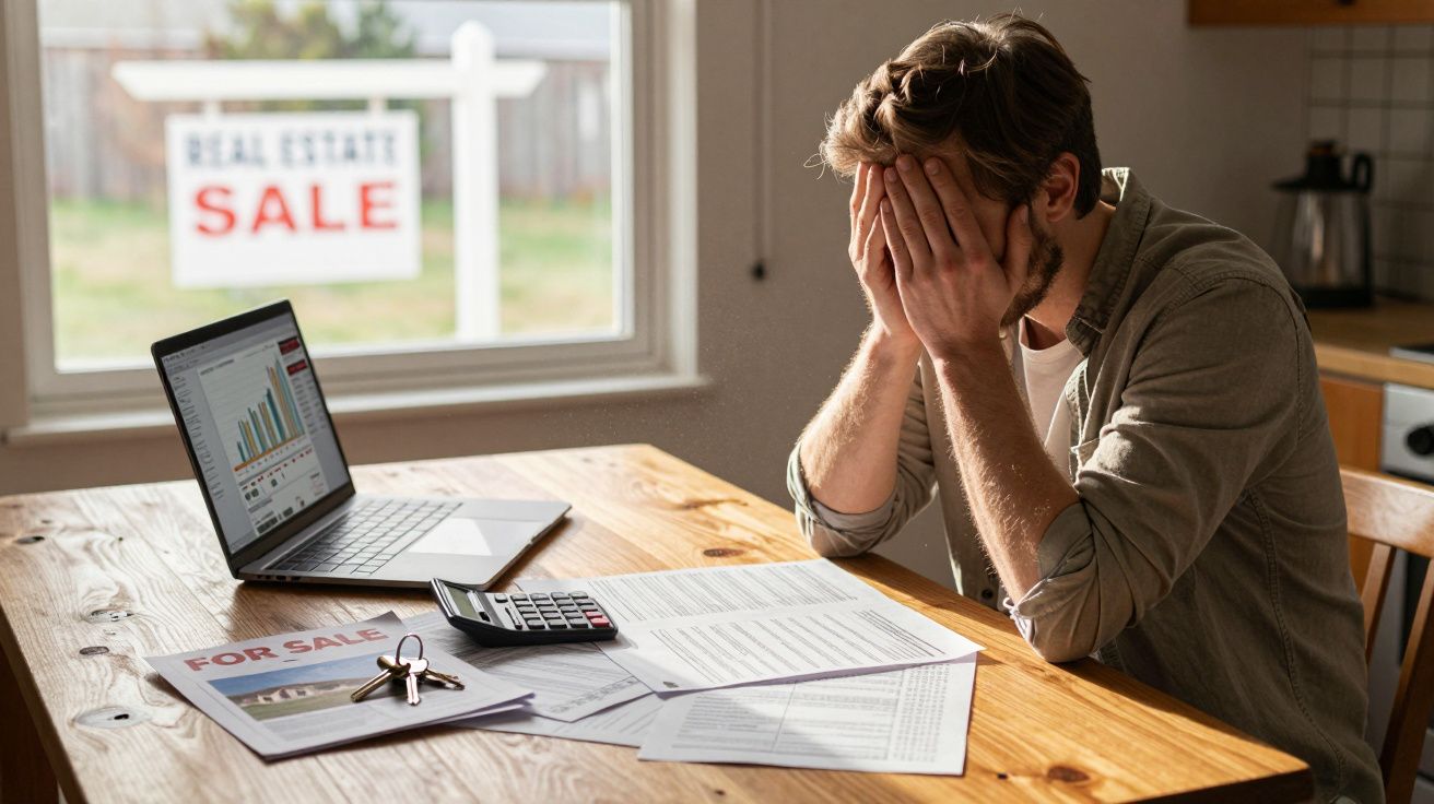 Homem sentado à mesa com as mãos na cabeça, rodeado de documentos, calculadora e computador, sinal de venda imobiliária ao fu