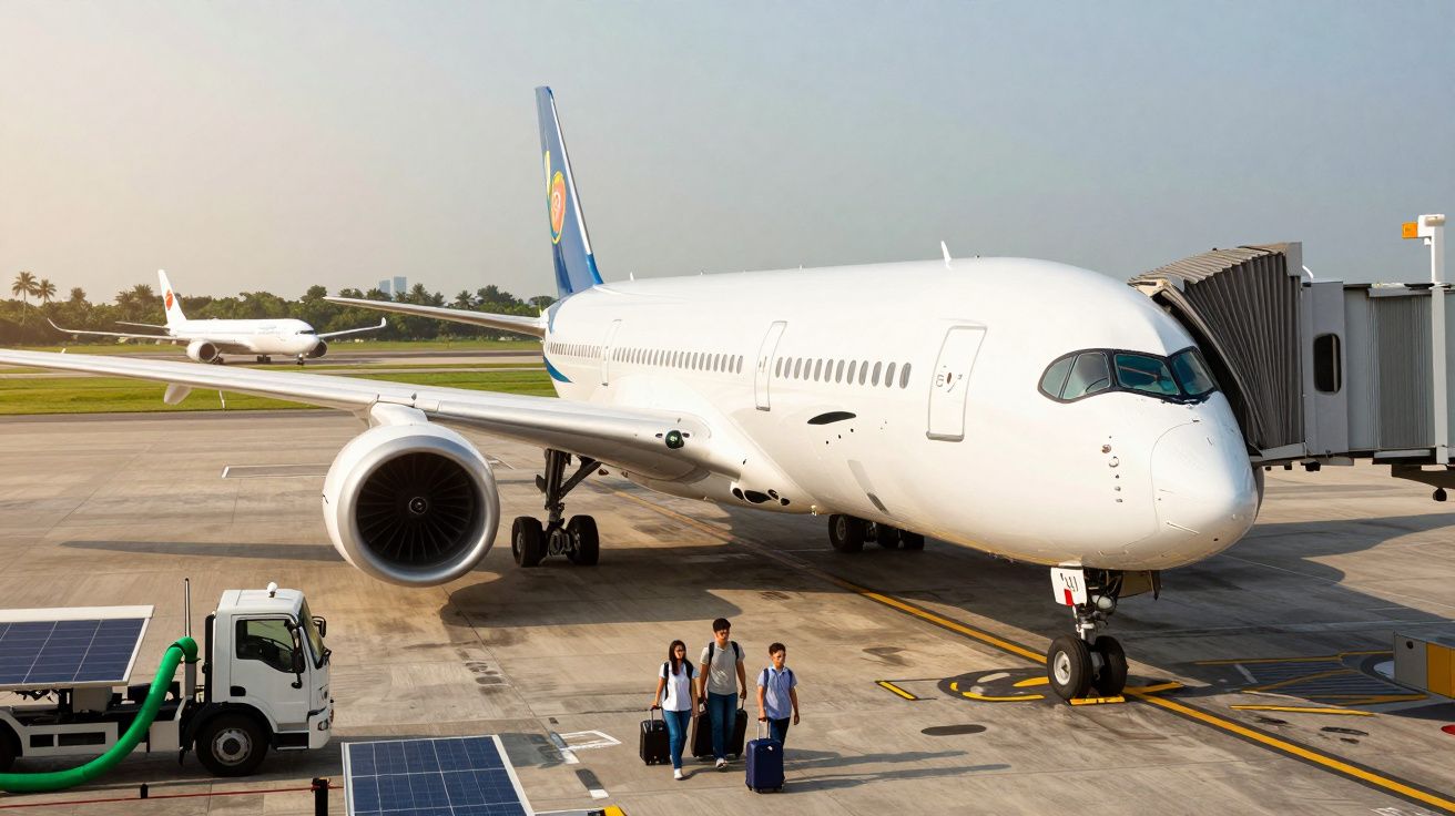 Avião estacionado na porta de embarque com passageiros e camião de abastecimento no aeroporto ao amanhecer.