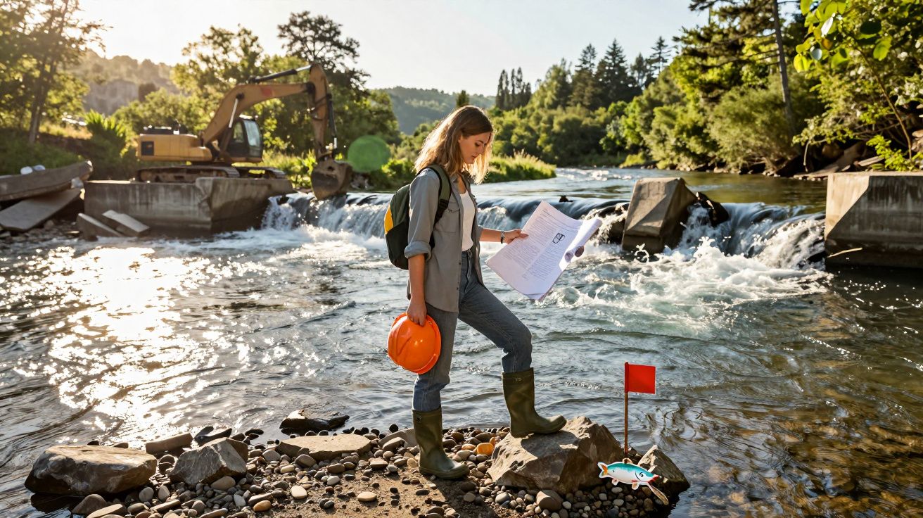 Mulher com botas de borracha e capacete verifica plantas ao lado de riacho com escavadora e vegetação.
