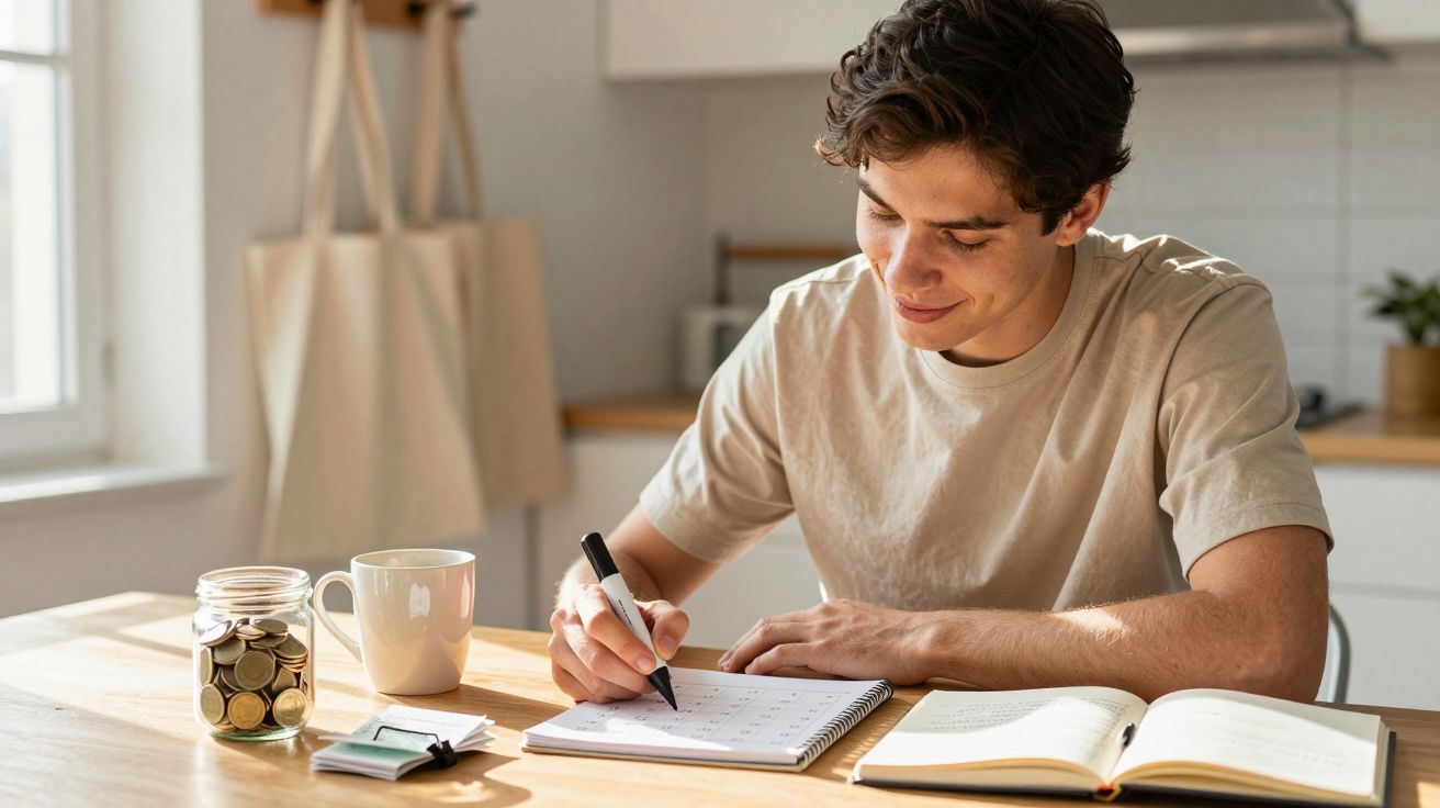 Jovem sentado a estudar e a escrever num bloco de notas numa mesa com livro, caneca e jarra com moedas.