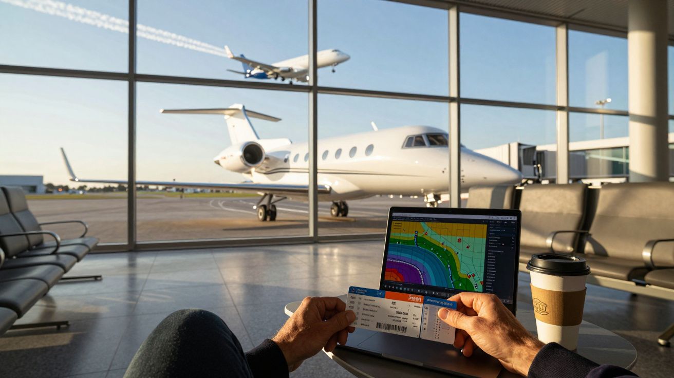 Pessoa segura bilhete de avião numa sala de espera, com avião estacionado e outro a descolar ao fundo.