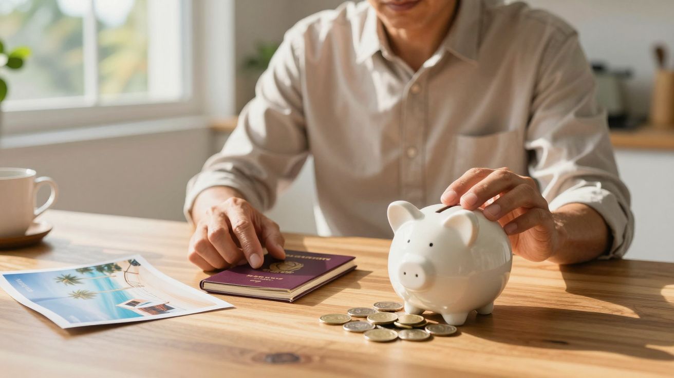 Pessoa a segurar um mealheiro ao lado de moedas, passaporte e fotografia de praia numa mesa de madeira.