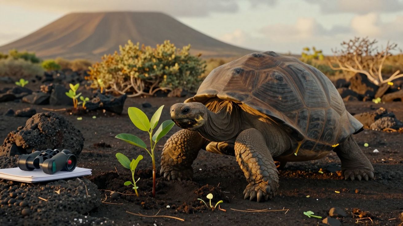 Tartaruga gigante na terra vulcânica próxima de plantas jovens e binóculos ao pôr do sol.