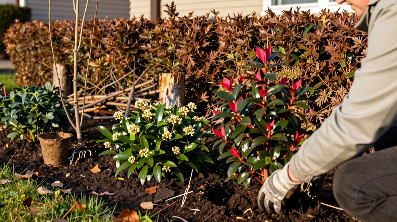 Pessoa a plantar um arbusto com folhas verdes e vermelhas num jardim junto a outras plantas.