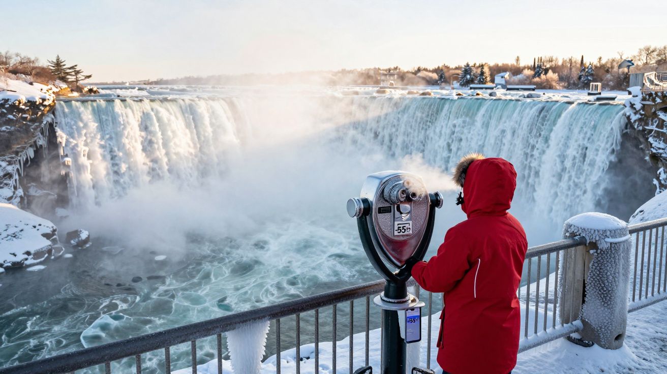 Pessoa com casaco vermelho observa as Cataratas do Niágara cobertas de neve e gelo no inverno.